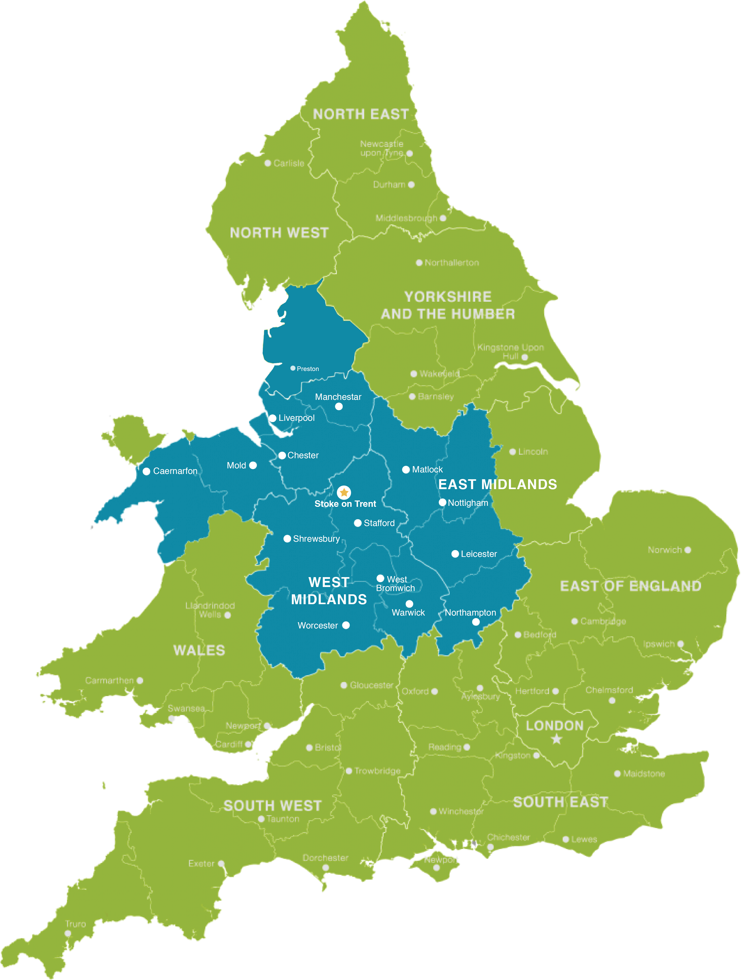 Pentagon Food Group food distribution areas - East Midland and West Midlands in United Kingdom 